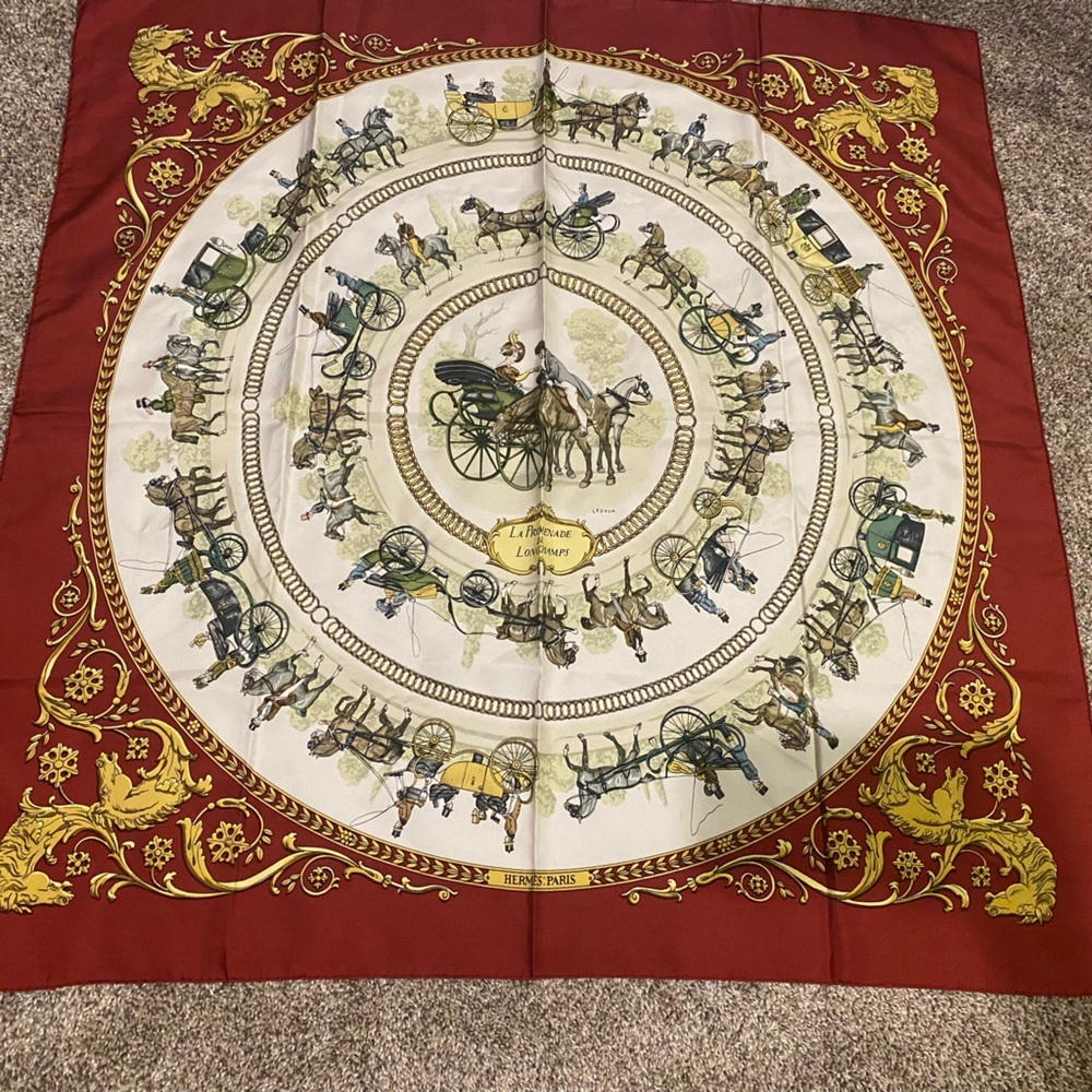 HERMES Scarf "La Promenade De Longchamps"Silk Maroon
